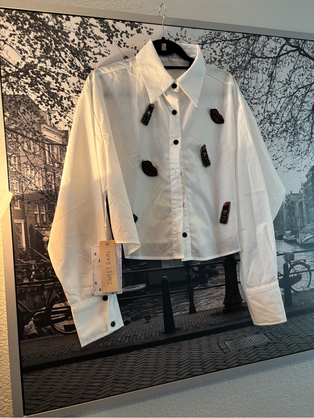 Sweet Rain White Button-Up Shirt with Black Embellished‎ Patches